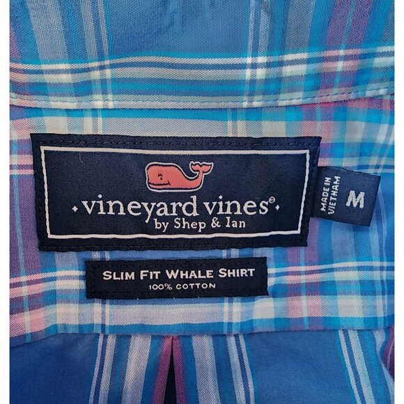 Vineyard Vines Mens Medium Whale Shirt Slim Fit Blue Pink Plaid Logo Button - Picture 6 of 9